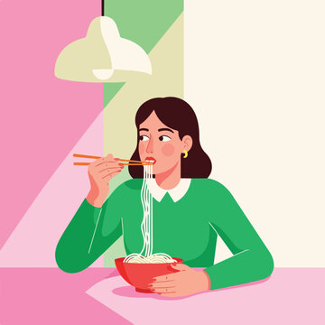 Woman eating noodles with chopsticks in a modern room