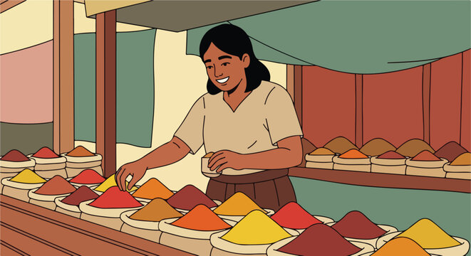 Person selecting spices at a vibrant market stall