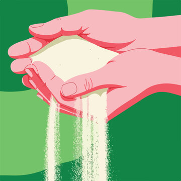 Hands holding and pouring white granular material, over a green background