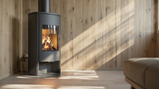Modern wood burning stove with cozy fireplace in minimalist living room