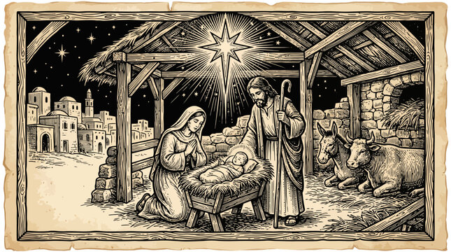Classic engraved illustration of the holy nativity scene.