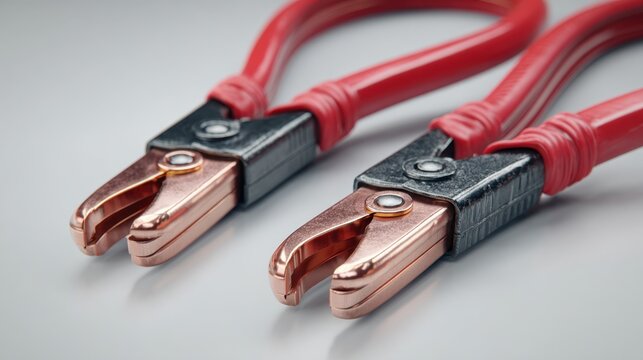Red jumper cables with copper clamps resting on a light surface ready for automotive battery jump-start or emergency car power connection tasks
