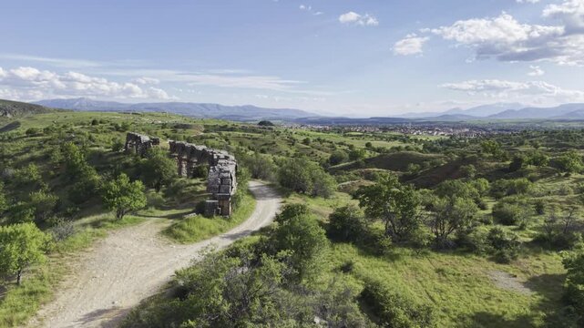 Aerial View of Ancient Aqueducts in Pisidia Ancient City Yalvac Isparta Turkey with Historic Roman Architecture and Archaeological Heritage