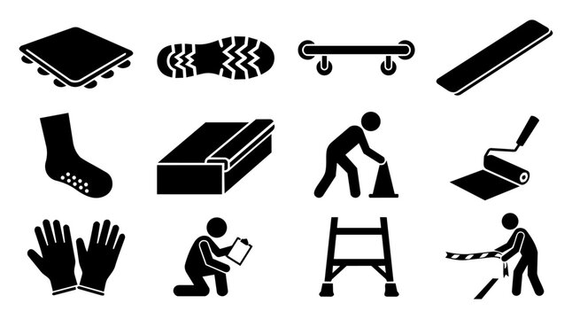Slip Prevention Safety Equipment Silhouette Icon Set with Anti Slip Products and Workplace Protection