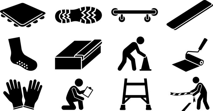 Slip Prevention Safety Equipment Silhouette Icon Set with Anti Slip Products and Workplace Protection