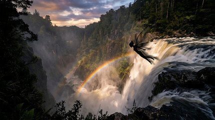 Naklejka premium Waterfall with Rainbow in Misty Environment.