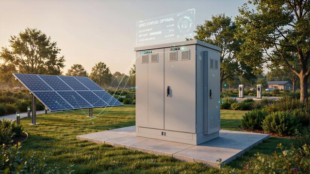 Smart energy storage cabinet with solar panels in sustainable renewable power landscape