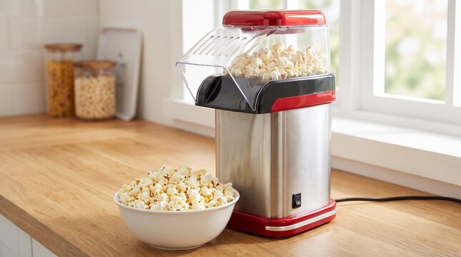Freshly popped popcorn spilling from a modern popcorn maker onto a wooden