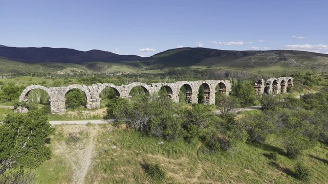 Aerial View of Ancient Aqueducts in Pisidia Ancient City Yalvac Isparta Turkey with Historic Roman Architecture and Archaeological Heritage