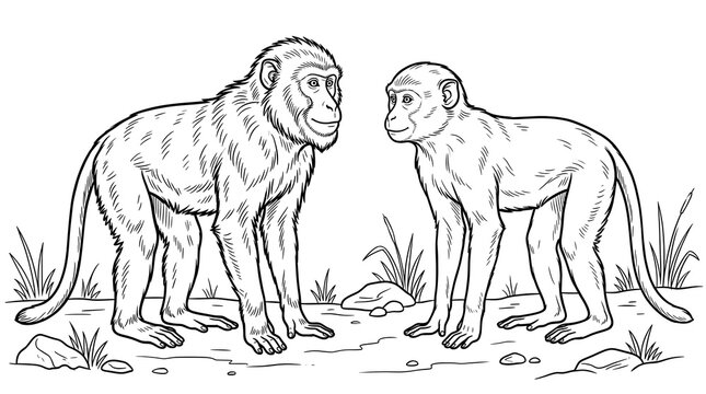 Two monkeys standing together on the ground line art illustration