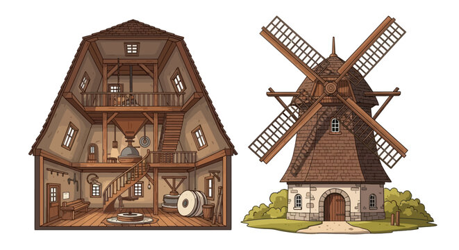 Traditional windmill exterior and internal mechanical structure