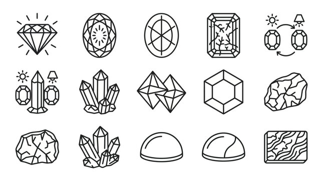 Set of various gemstone and mineral line art icons.