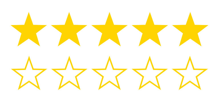 Five yellow stars rating icon set for customer review. Vector illustration.