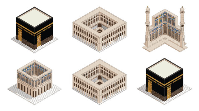 Tan-colored isometric illustrations of the Kaaba and mosque structures emphasizing detailed architectural arches and minarets in a warm palette for religious design projects.