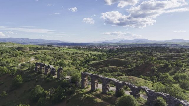 Aerial View of Ancient Aqueducts in Pisidia Ancient City Yalvac Isparta Turkey with Historic Roman Architecture and Archaeological Heritage