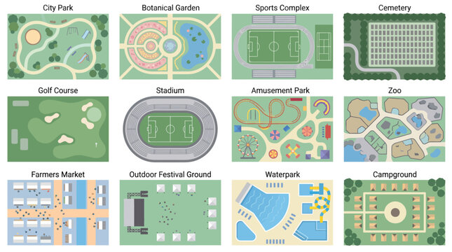 Set of top down view maps of various urban and outdoor recreational areas.