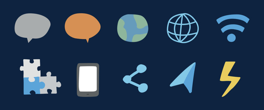 Vector icons of chat bubbles, globe, wifi, puzzle pieces, phone, share, paper plane, lightning