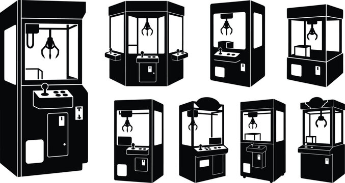 Silhouette collection of claw machine arcade game equipment icons on transparent background.