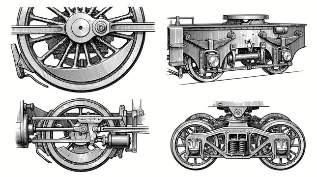 Vintage engineering illustrations of steam locomotive train wheels and bogie assemblies.