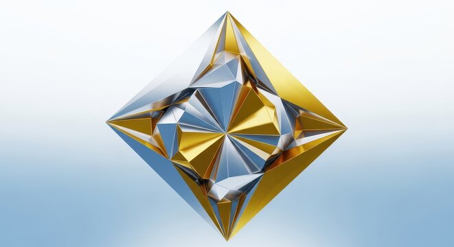 Geometric abstract design featuring sharp silver and golden metallic triangles reflecting soft light upon a white to pale blue gradient, background, chrome, gradient