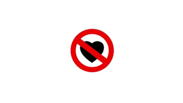 Red restriction sign over black heart animation for heartbreak concept 4k video
