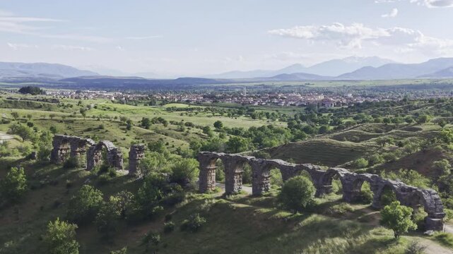 Aerial View of Ancient Aqueducts in Pisidia Ancient City Yalvac Isparta Turkey with Historic Roman Architecture and Archaeological Heritage