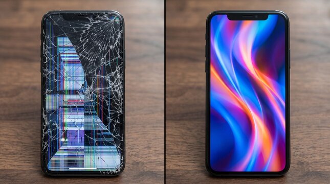 Before and after comparison of a broken cracked smartphone screen 