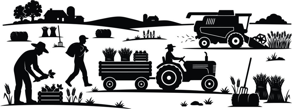 Farming and agriculture silhouette icons showing farmers working with tractors and harvesting equipment.
