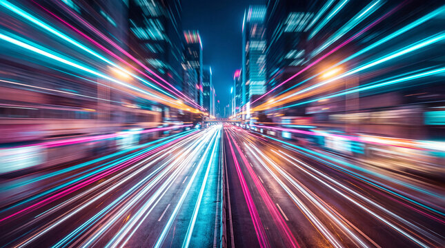 Long exposure night cityscape showing colorful light trails from traffic moving through high rise buildings in a modern metropolitan urban center