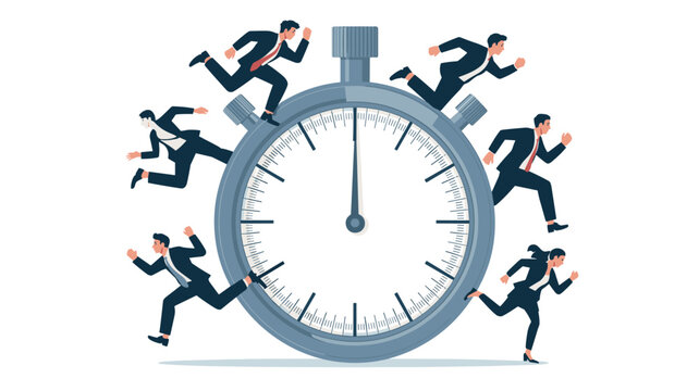 Business people in suits run around a large stopwatch during a high-pressure deadline scenario in a professional isometric illustration on white.