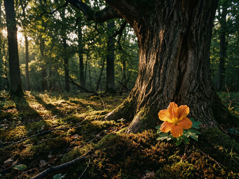 Arbre solitaire imposant au c&oelig;ur d'une for&ecirc;t ancestrale, tronc massif et racines puissantes avec fleurs sauvages orange &agrave; sa base