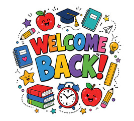 Fototapeta premium Welcome back colorful school supplies doodle illustration with books and apple icons