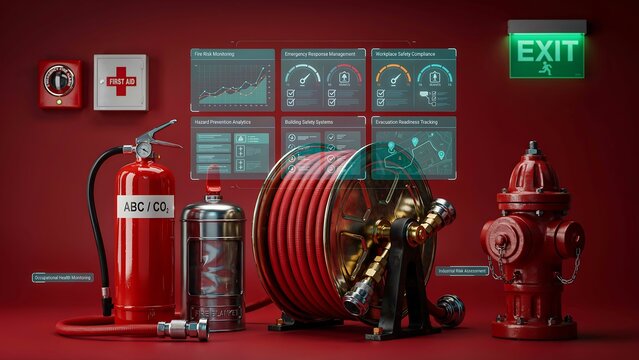 Fire safety equipment station with extinguisher hose hydrant and emergency tools