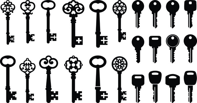 Black and white of various old and new keys on a white background, old keys key collection
