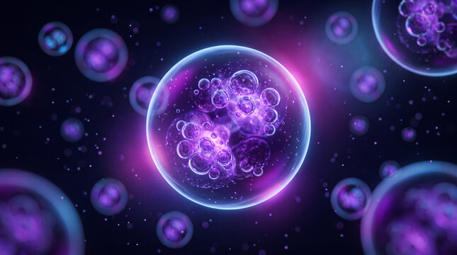 Abstract 3D render of glowing purple biological cells and floating microscopic spheres in a dark cosmic space background with ethereal light effects