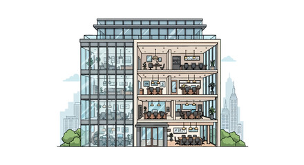 Modern office building cutaway showing multiple floors and workspaces © kamil