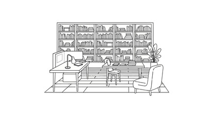 Minimalist line art office interior with library and bookshelves © kamil