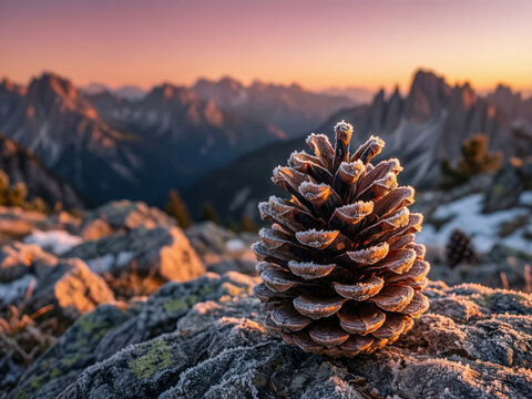 Pomme de pin recouverte de givre au coucher du soleil hivernal, montagnes alpines en arri&egrave;re-plan baign&eacute;es de lumi&egrave;re orange