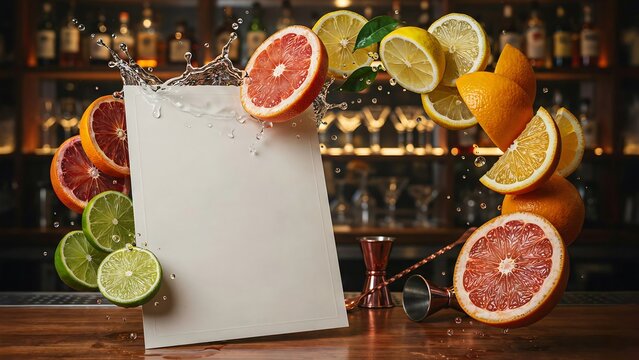 Blank cocktail menu mockup surrounded by fresh citrus fruits and bar drinks on wooden counter