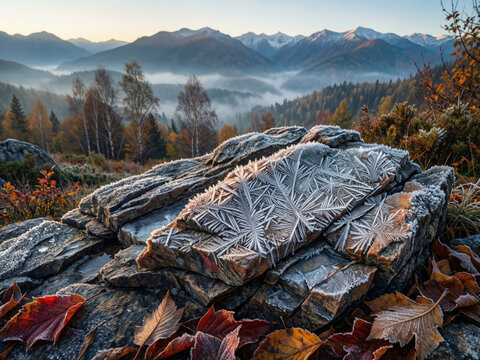 Rocher givr&eacute; au petit matin d'automne dans un paysage de montagne, texture rugueuse recouverte de givre blanc scintillant
