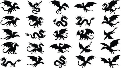 Black dragon silhouettes, 20 different mythical creatures fantasy © Graphic Shops