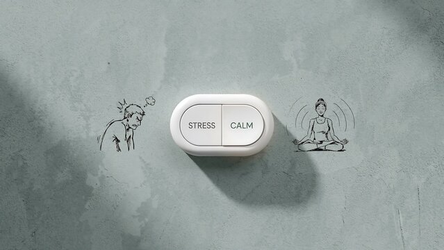 Stress relief button with calm and stress options representing mental wellness and emotional balance