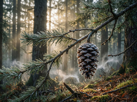 Branches de sapin conif&egrave;re avec pomme de pin givre&eacute;e et gouttelettes de ros&eacute;e, for&ecirc;t brumeuse en arri&egrave;re-plan flou, d&eacute;tail macro de la nature hivernale printani&egrave;re