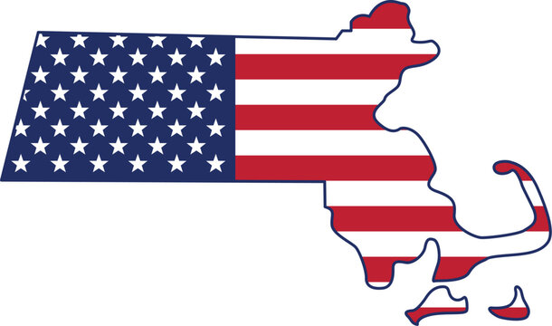 massachusetts MA state map shape with USA american flag simplified vector isolated on transparent background