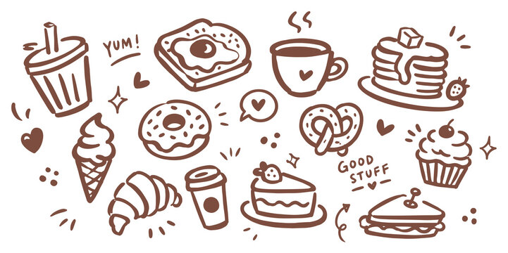 Sweet Breakfast Dessert Doodle Set Vector Illustration