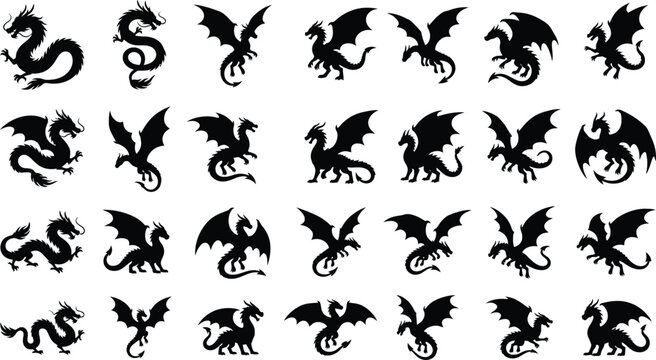 Black dragon silhouettes, 20 mythical creatures with wings and tails on white background