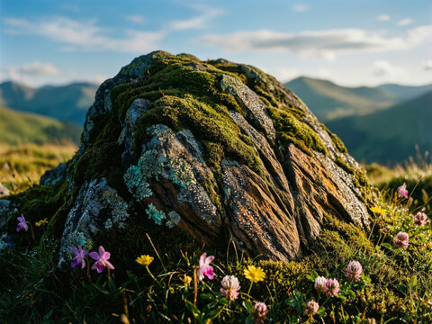 Rocher massif couvert de mousse verte et de fleurs violettes dans un paysage de montagne, formations rocheuses naturelles avec flore alpine et ciel bleu azur en arri&egrave;re-plan