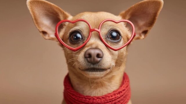 Cute small dog wearing red heart-shaped glasses and red knitted scarf looking straight with a calm expression on brown background