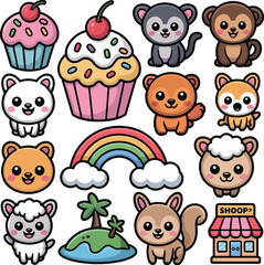 Fototapeta premium Set of animals and food vector on white background.