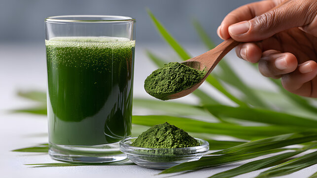 Green superfood powder spoon over fresh wheatgrass juice glass, chlorophyll drink with detox barley grass, healthy organic nutrition supplement lifestyle concept